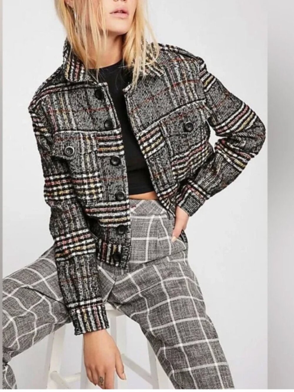 Free People Cropped Plaid Tweed Jacket - Black Multi